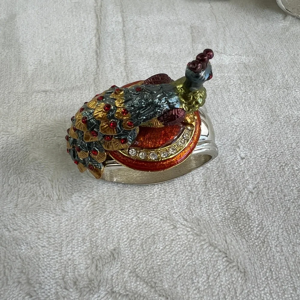 Hans Turnwald Swarovski Crystal Peacock Bird Napkin Rings Set Of 4 Silver Tone